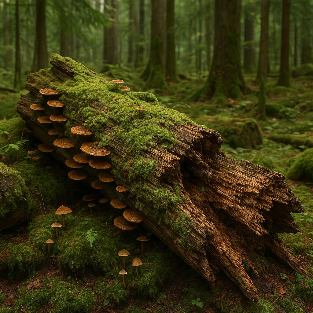 Naturalne procesy w lesie — np. martwe drewno, które żyje własnym życiem.