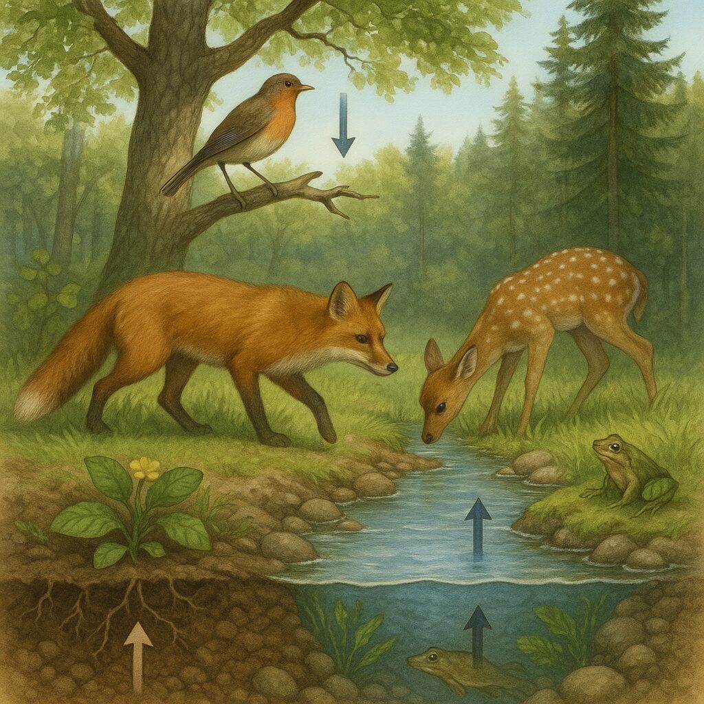 Przyroda ożywiona i nieożywiona w lesie — relacje między organizmami, glebą, powietrzem i wodą.