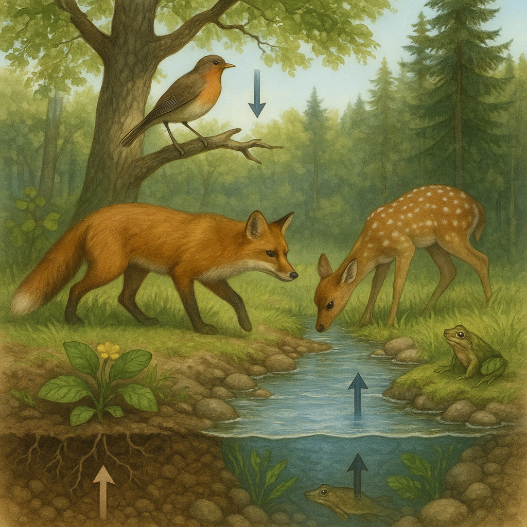 Przyroda ożywiona i nieożywiona w lesie — relacje między organizmami, glebą, powietrzem i wodą.