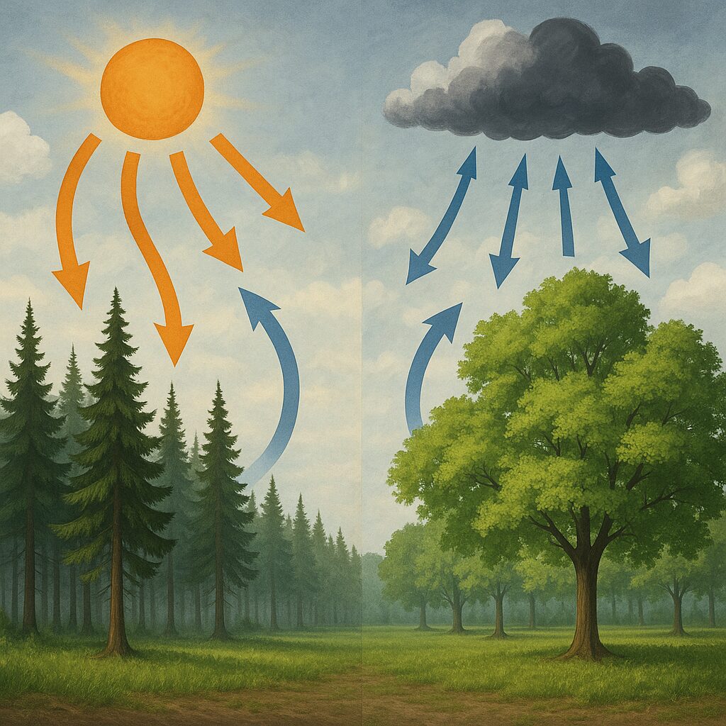 Wpływ lasów iglastych vs liściastych na lokalny klimat.